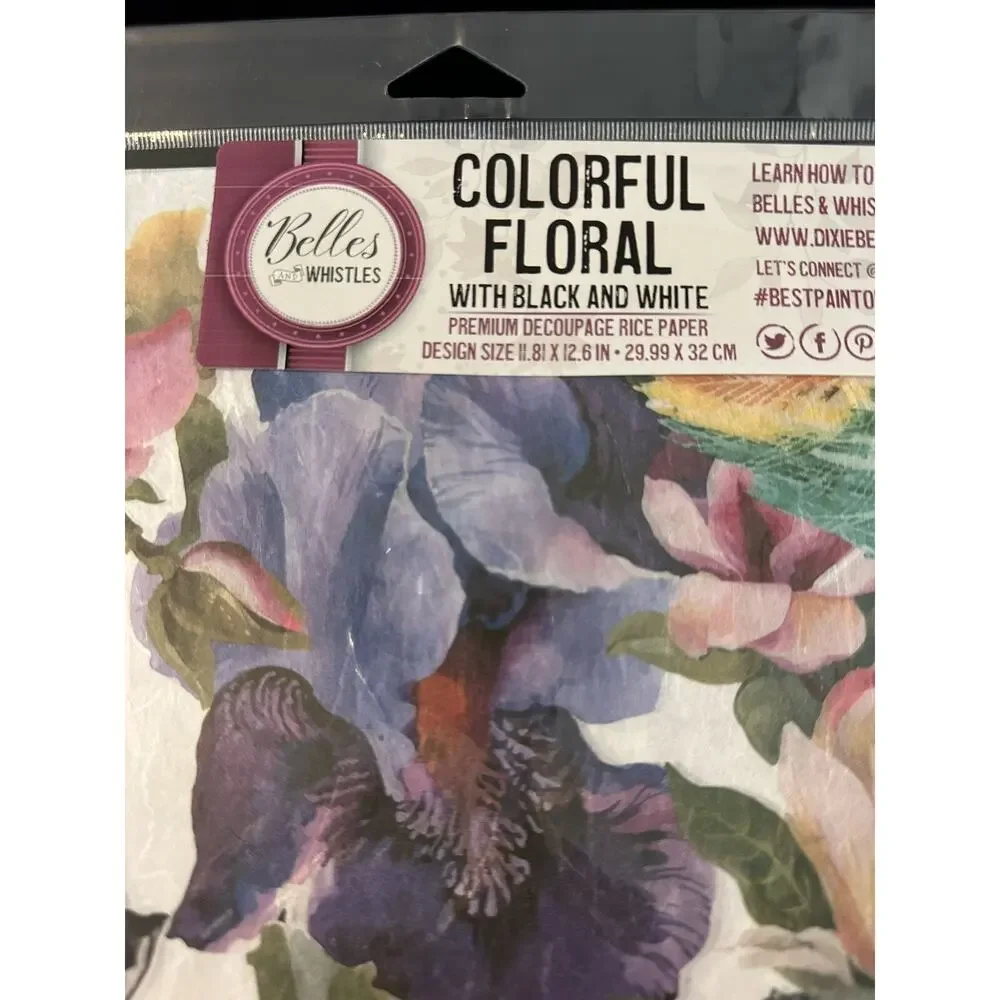 New Sealed Belles & Whistles Colorful Floral Decoupage Rice Paper 11.81”x12.6”